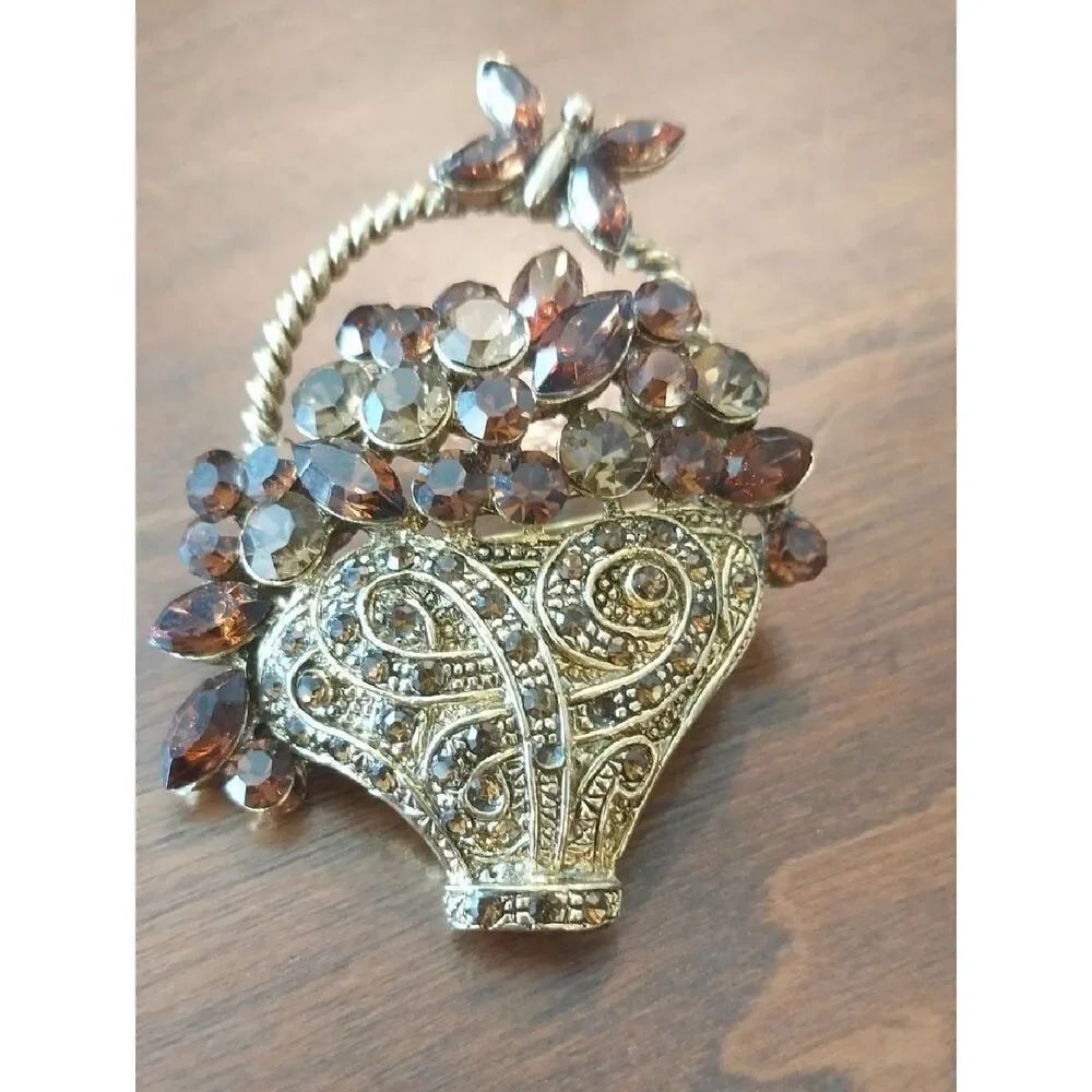 Vintage Brown Crystal Basket Brooch - Branded WM..EUC